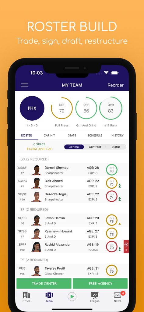 Pocket GM: Basketball Sim - Pocket GM Basketball Sim team roster interface showing player ratings and salary cap details