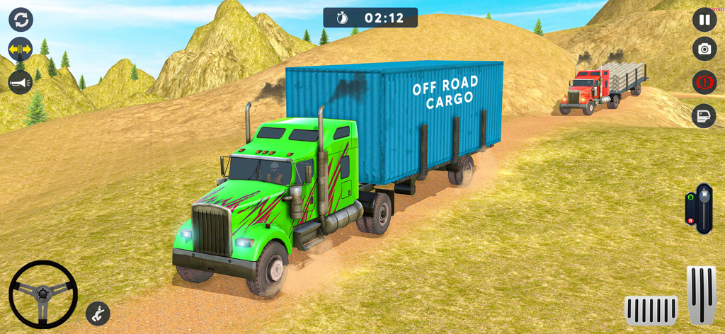Offroad Cargo Truck Challenge - A green heavy duty truck hauling a blue cargo container on a dirt path through hilly terrain in a simulation game.