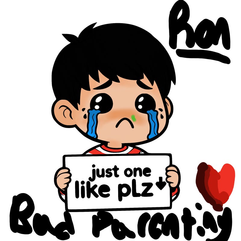 realistic crying boy with a sign saying just one like plz