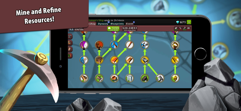 Crafting Idle Clicker - Screenshot of Crafting Idle Clicker workshop showing the resource refining and crafting tree interface