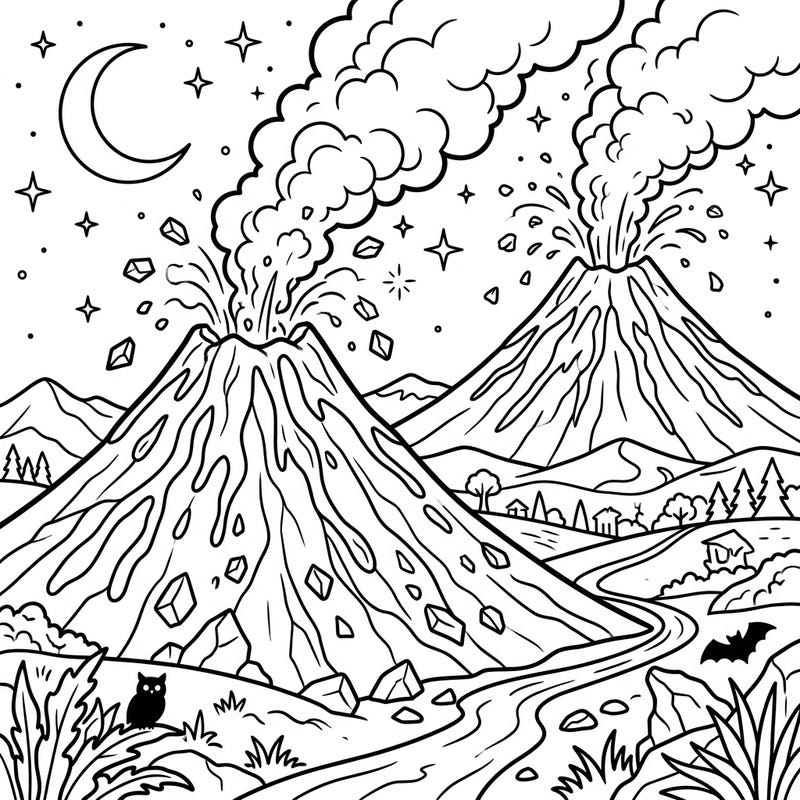 Dive into a breathtaking night scene where powerful volcanoes erupt under a mystical crescent moon and twinkling stars. This dramatic coloring page offers an exciting challenge for all who love nature's raw beauty and nocturnal wonders.