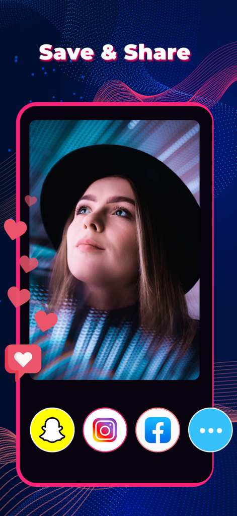 Vlog Star Maker app screen showing options to save and share videos to social media platforms like Snapchat and Instagram