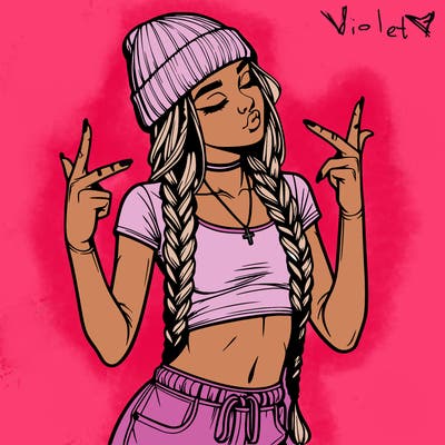 realistic teenage girl with braids and a beanie and crop top doing 🫶🏼
