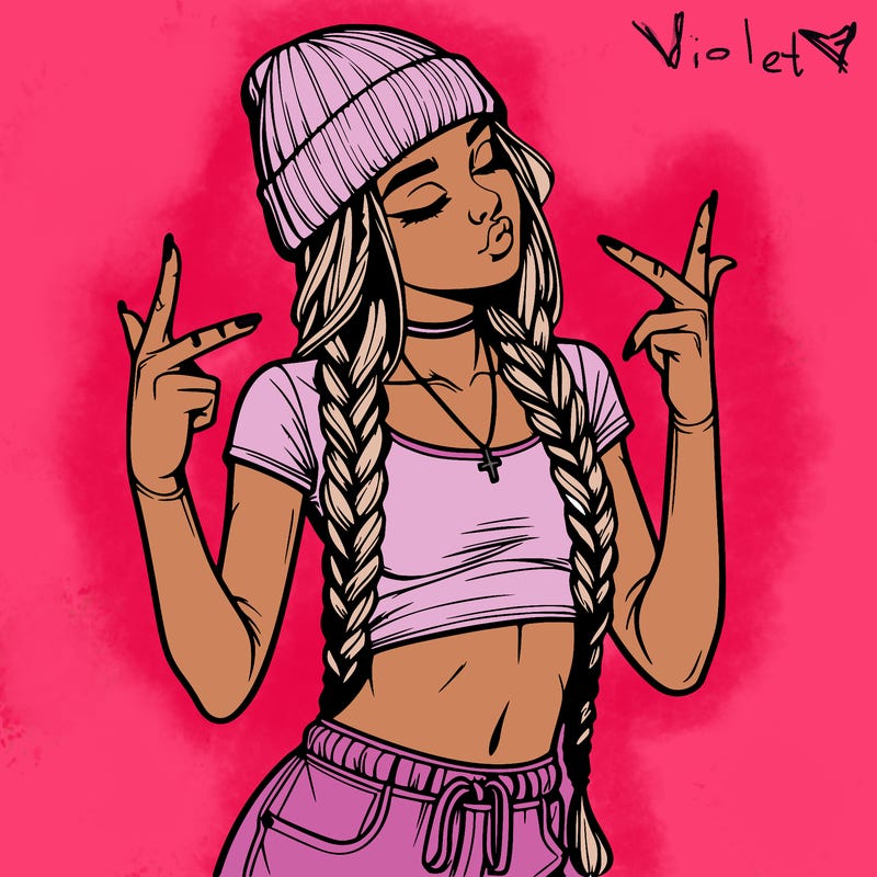 realistic teenage girl with braids and a beanie and crop top doing 🫶🏼