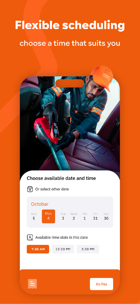 Sweater | Car Wash - A mobile screen from the Sweater app showing a car detailing professional and an interface for choosing an available date and time slot for a car wash.