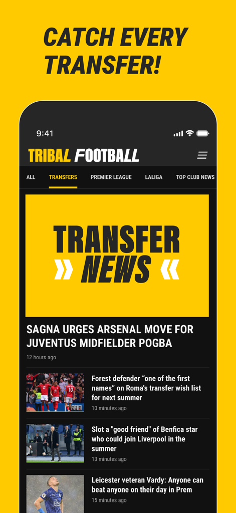 Tribal Football app interface displaying latest football transfer news and rumors