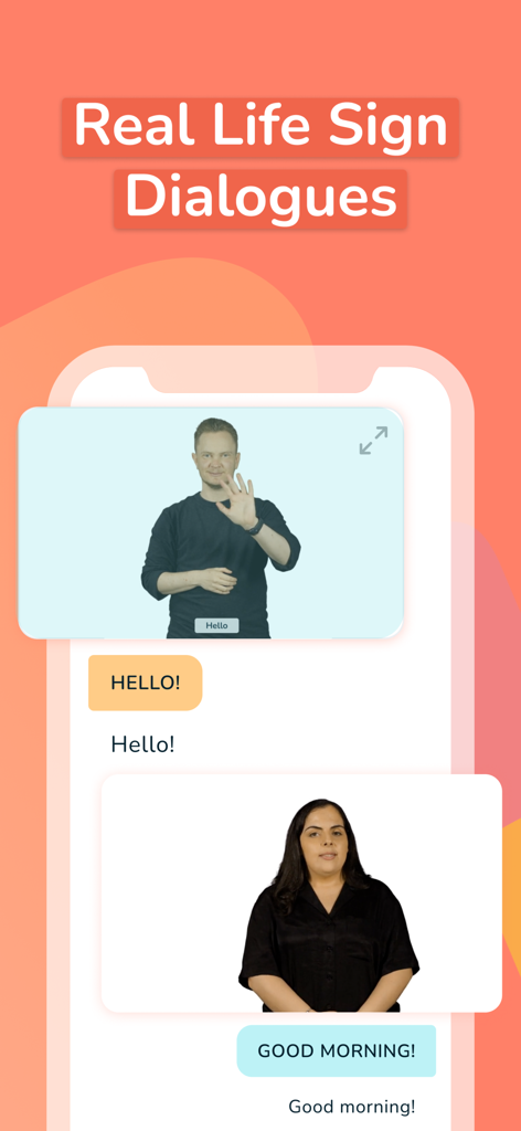 Auslan Wiz app screen showing real life sign language dialogues with video lessons