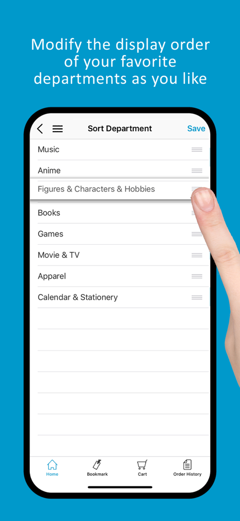 CDJapan App - Un utente riordina le categorie di acquisto come anime e figure nelle impostazioni dell'app CDJapan