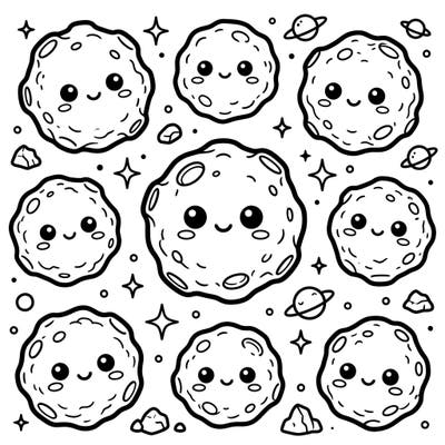 Blast off into coloring fun with these charming Kawaii asteroids! Perfect for kids, this page combines playful space exploration with an irresistible cuteness that's ready for vibrant colors.