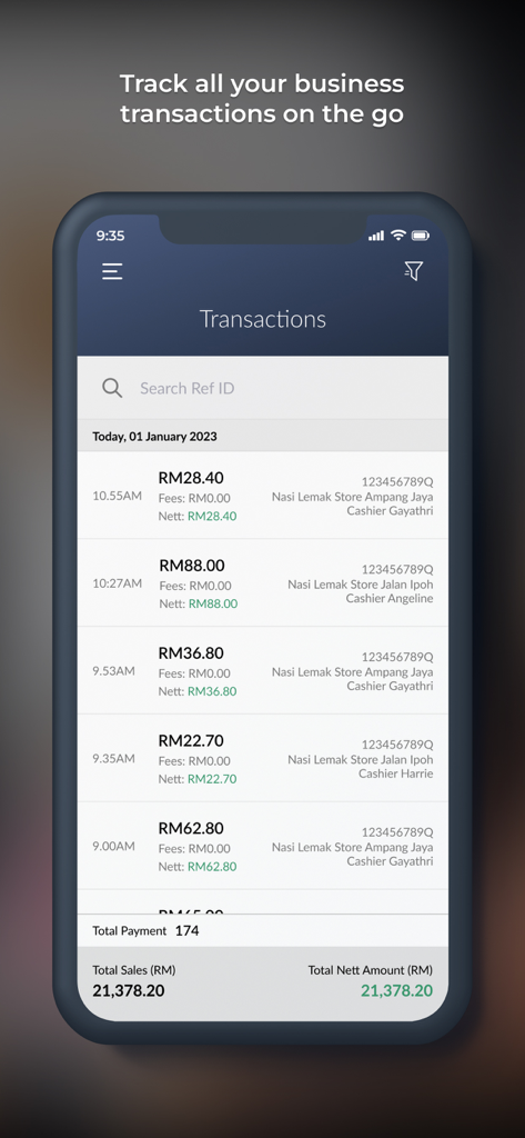 Maybank QRPayBiz - Business transaction list and daily sales summary on Maybank QRPayBiz mobile app