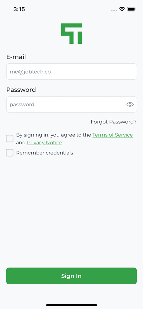 Talented - Écran de connexion pour l'application Talented avec des champs pour l'e-mail et le mot de passe et un bouton vert de connexion