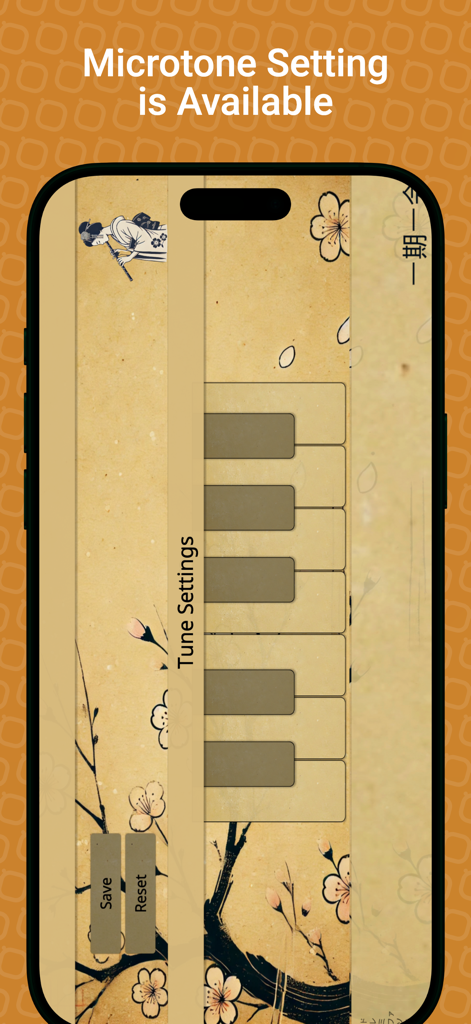 Shakuhachi Sim - Shakuhachi Sim app interface showing the microtone tuning settings with traditional Japanese artwork
