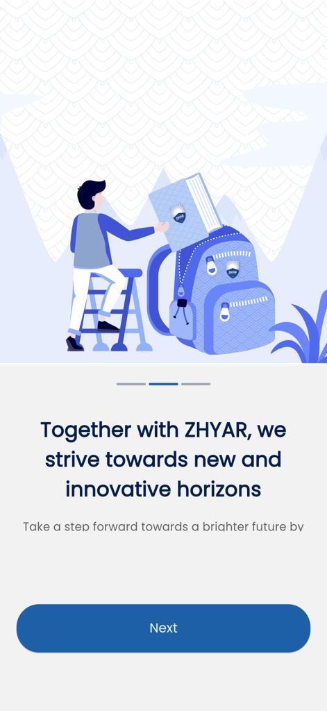 ZHYAR - ZHYAR app onboarding screen showing a student illustration and text about striving for innovative educational horizons