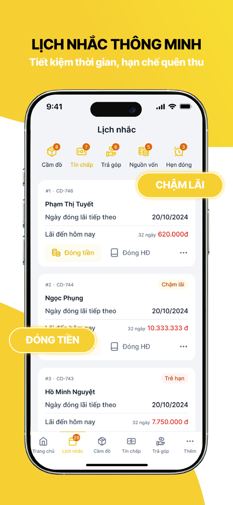 LendMe - Interfaz de la aplicación móvil LendMe que muestra un calendario de recordatorios inteligentes para el seguimiento de pagos de intereses atrasados y préstamos a clientes en vietnamita.