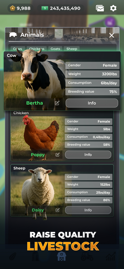 Farm Manager - 2026 - Interface showing detailed stats for cows chickens and sheep in the livestock management screen