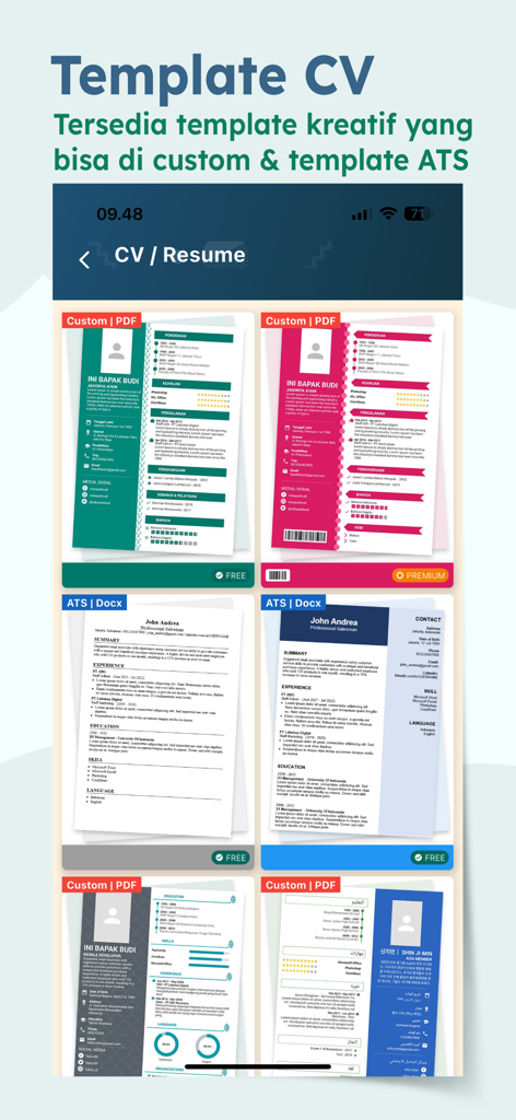 Lamaranku - A selection of creative and ATS-friendly resume templates displayed in the Lamaranku mobile app interface