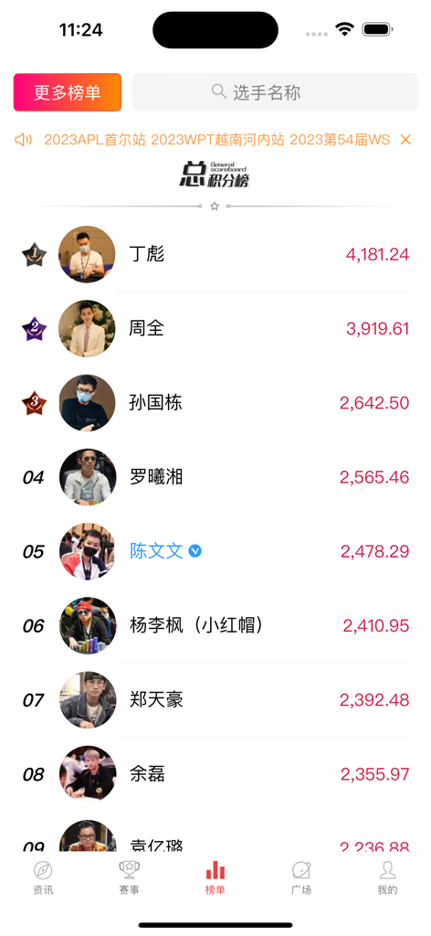Competitive poker player rankings and scores on the ZhongPu Wang app leaderboard