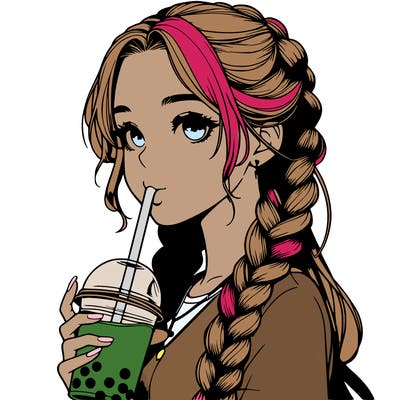 realistic girl with braided hair drinking boba