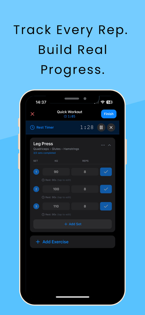 Repzy – Gym Workout Tracker - Repzy gym workout tracker interface showing a leg press exercise log in dark mode