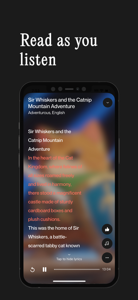 Interface do aplicativo Sleepytale mostrando uma história para dormir com destaque de texto sincronizado e controles de reprodução de áudio.