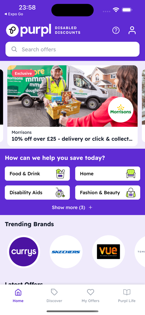 Purpl Discounts - Purpl Discounts mobile app home screen showing featured shopping offers and discount categories for disabled people