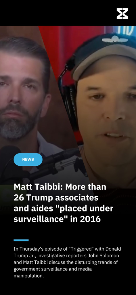 MxM News - 트럼프 측근들의 감시에 대한 헤드라인을 보여주는 MxM 뉴스 앱 스크린샷