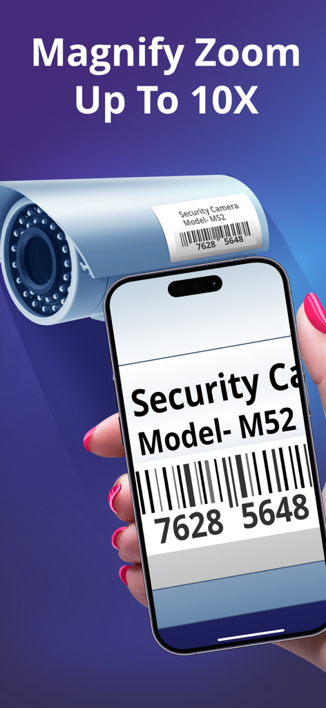 Hand holding a phone zooming in on a security camera label with the Magnifying Glass app