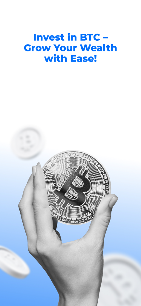 ECOS: Bitcoin Mining & Wallet - Mano sosteniendo una moneda de Bitcoin con el texto Invierte en BTC Haz crecer tu patrimonio con facilidad