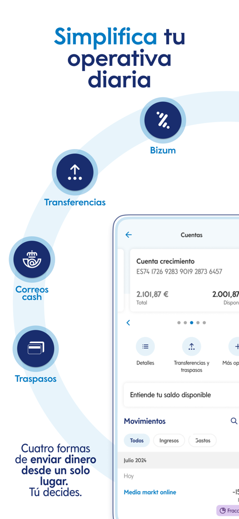 Banco Mediolanum España - Pantalla que muestra cuatro formas de enviar dinero en la aplicación de Banco Mediolanum, incluyendo Bizum y transferencias bancarias