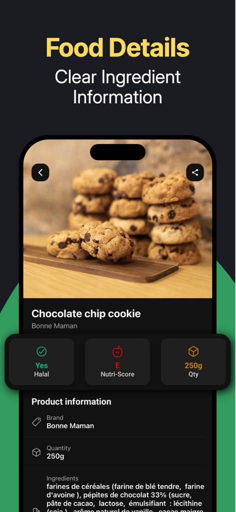 Halal Scanner app screen showing halal status and ingredient details for a food product