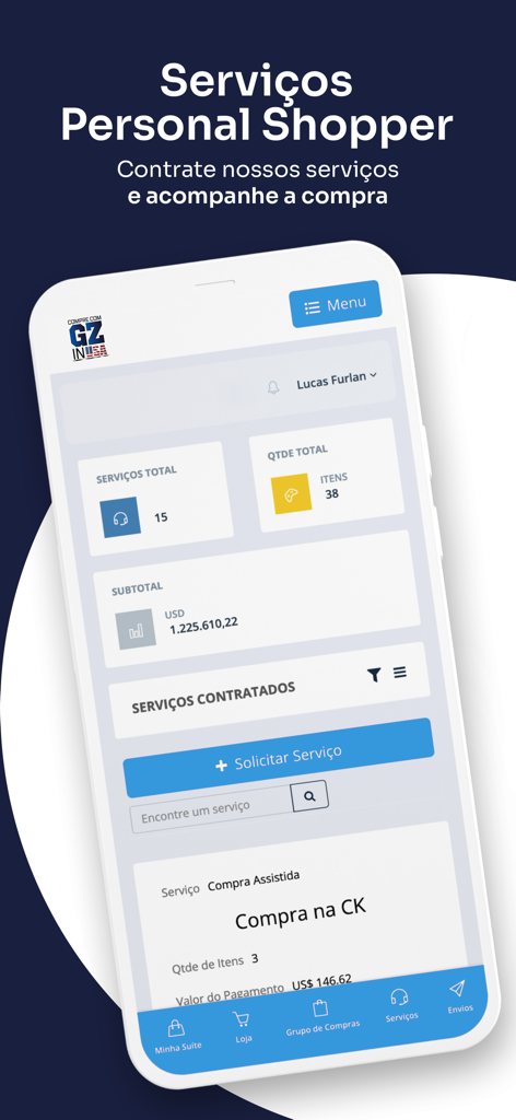 Compre com GZ in USA - Dashboard of the Compre com GZ app showing personal shopper services, total items, and spending in USD.