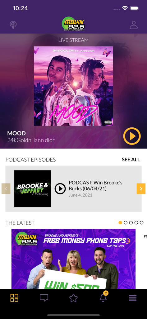 MOViN 92.5 - MOViN 92.5 mobile app home screen featuring live music streaming and podcast episodes