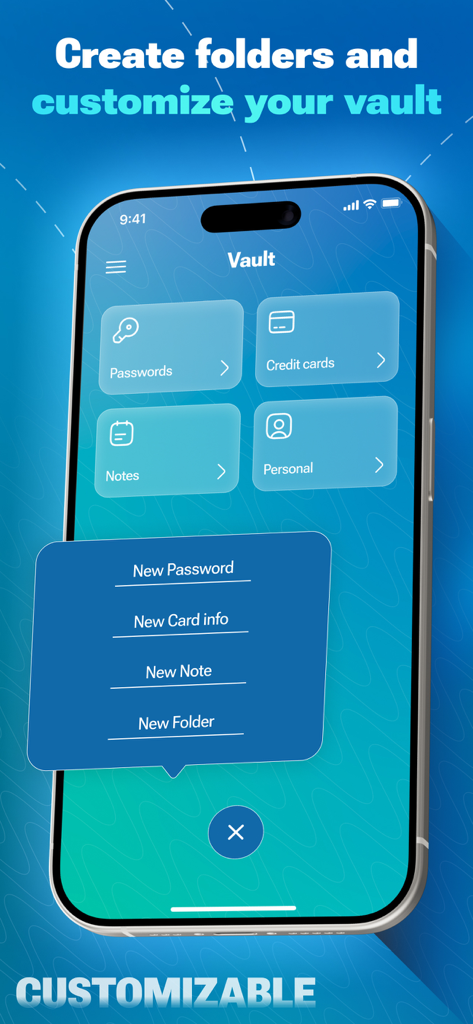 Kepttor Password Manager - Kepttorパスワードマネージャーのボルト画面。パスワードとクレジットカード用のカスタマイズ可能なフォルダを表示