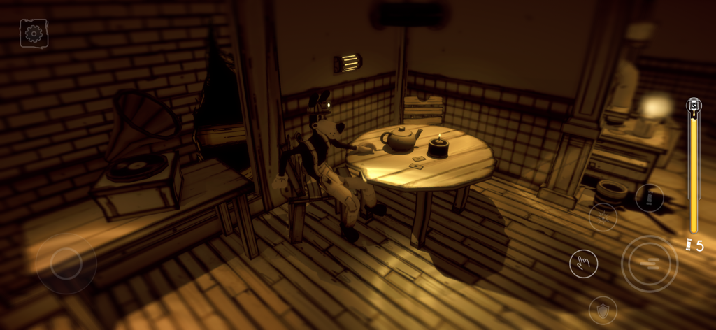 Bendy: Lone Wolf - Der Charakter Boris der Wolf sitzt an einem Tisch in einem sepiafarbenen Raum aus dem Spiel Bendy Lone Wolf.