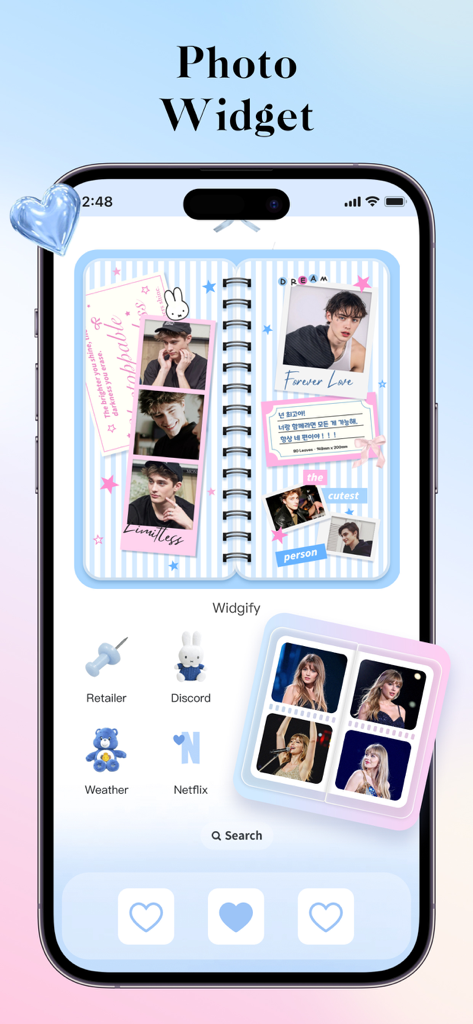A smartphone home screen featuring a blue notebook-style photo widget with polaroid pictures and cute custom icons
