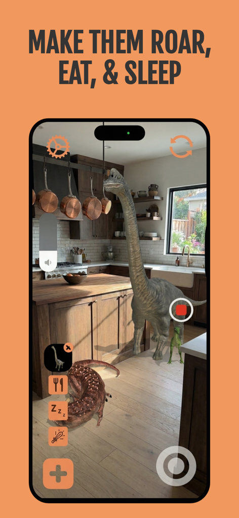 3D dinosaurs in a kitchen using augmented reality to roar eat and sleep