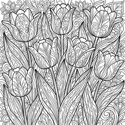 Dive into the beauty of spring with this stunning Greigii Tulips coloring page. Featuring intricate floral patterns and lush leaves, it's a perfect canvas for your artistic expression.