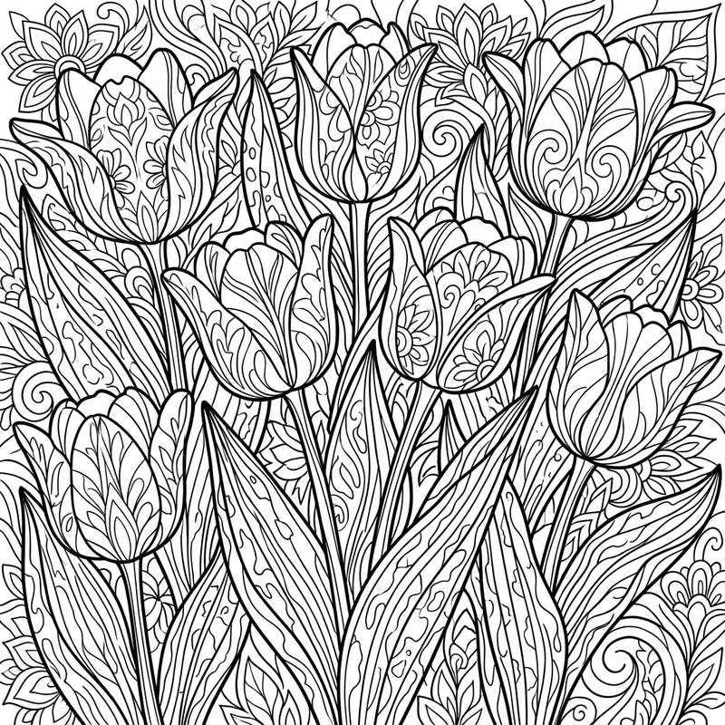 Dive into the beauty of spring with this stunning Greigii Tulips coloring page. Featuring intricate floral patterns and lush leaves, it's a perfect canvas for your artistic expression.