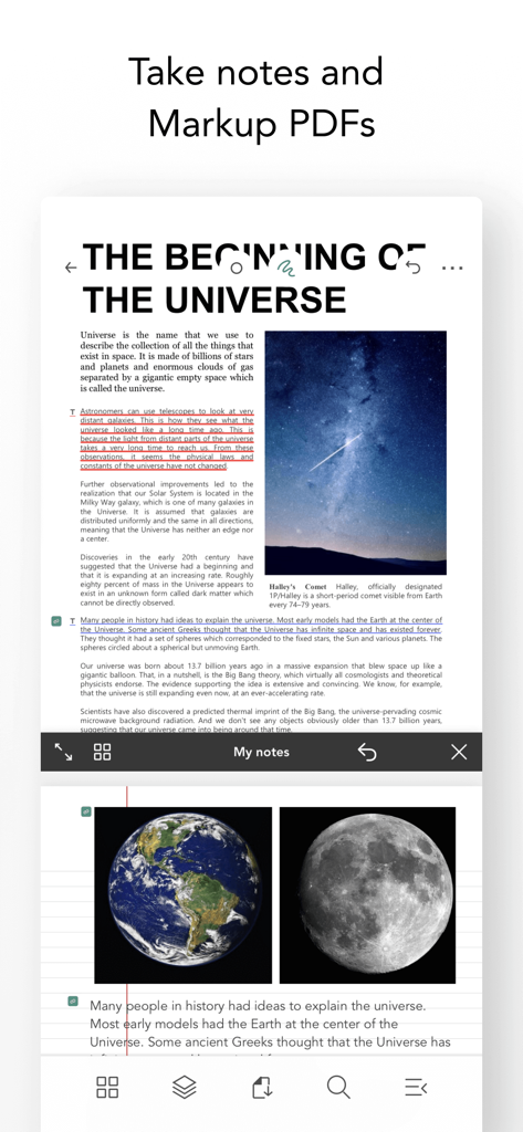 Flexcil for Education app interface showing a split screen with a science PDF and a digital notebook for taking notes