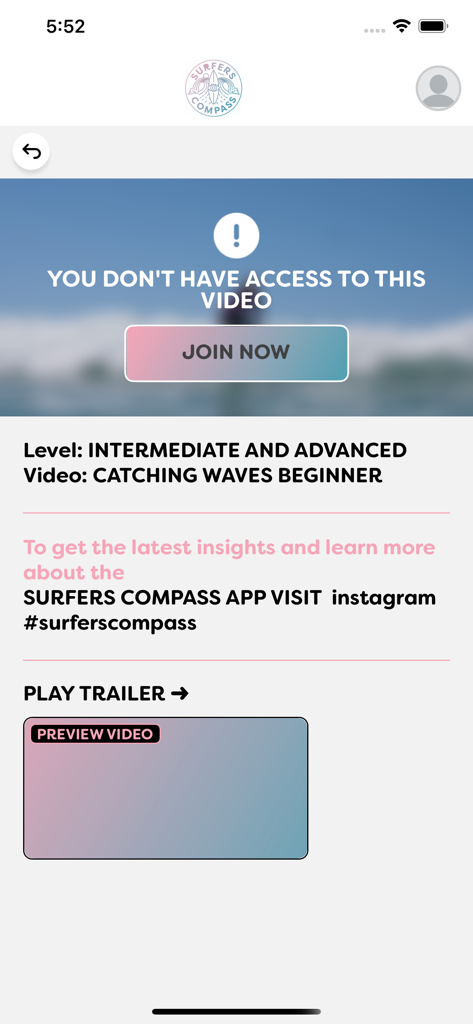 SurfersCompass app screen showing a restricted video notification with a join now button for surf training