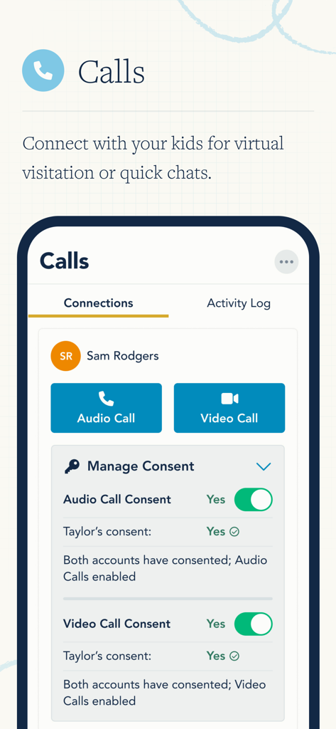 OurFamilyWizard Co-Parent App - Interfaccia dell'app OurFamilyWizard che mostra pulsanti per chiamate audio e video con consenso gestito per visite virtuali
