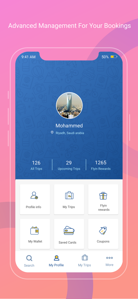 Flyin app user profile screen showing booking history rewards and account settings