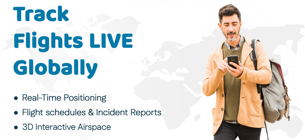 Hombre usando la aplicación AirspaceTracker para rastrear vuelos globales en vivo
