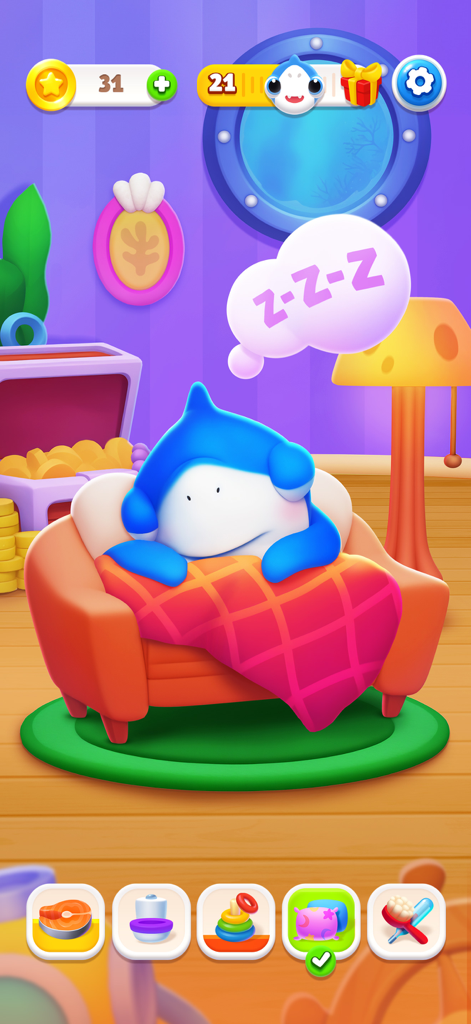 Cute virtual shark pet sleeping in an armchair under a red blanket