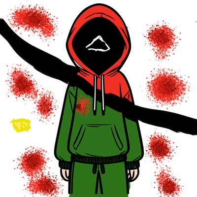 faceless girl in a tracksuit with a hood on and no hair