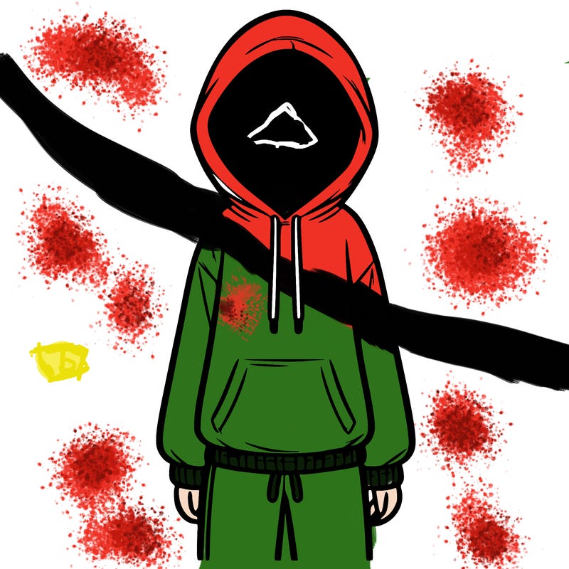 faceless girl in a tracksuit with a hood on and no hair