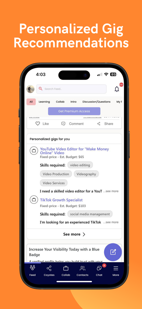 Feedcoyote: Freelance & Earn - Feedcoyote app interface showing personalized freelance gig listings for video editors and social media specialists.