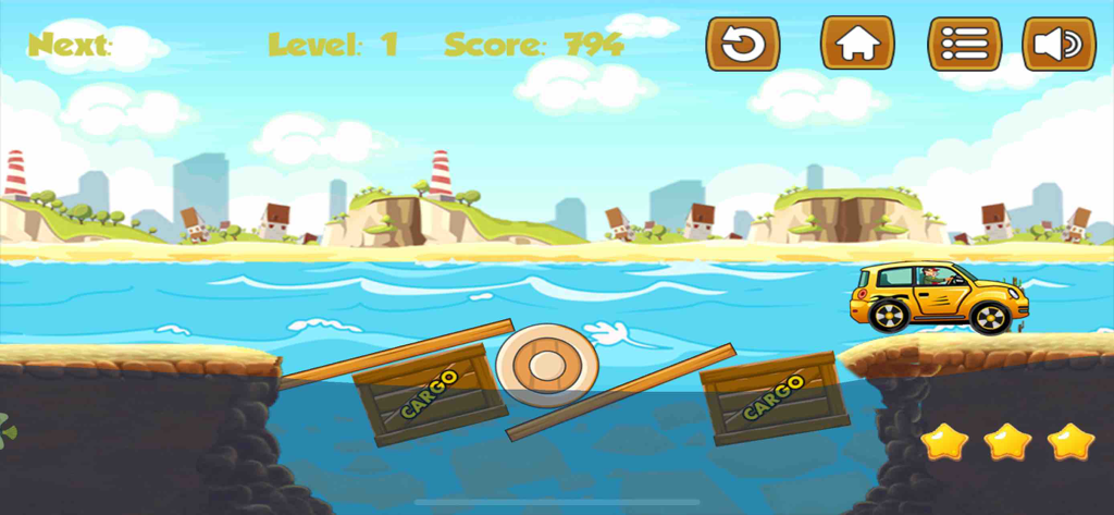 A yellow car crossing a bridge made of floating crates and wooden planks in a physics puzzle game.