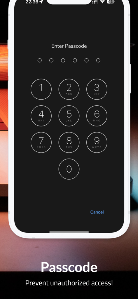 Passcode entry screen for privacy protection and secure file access.