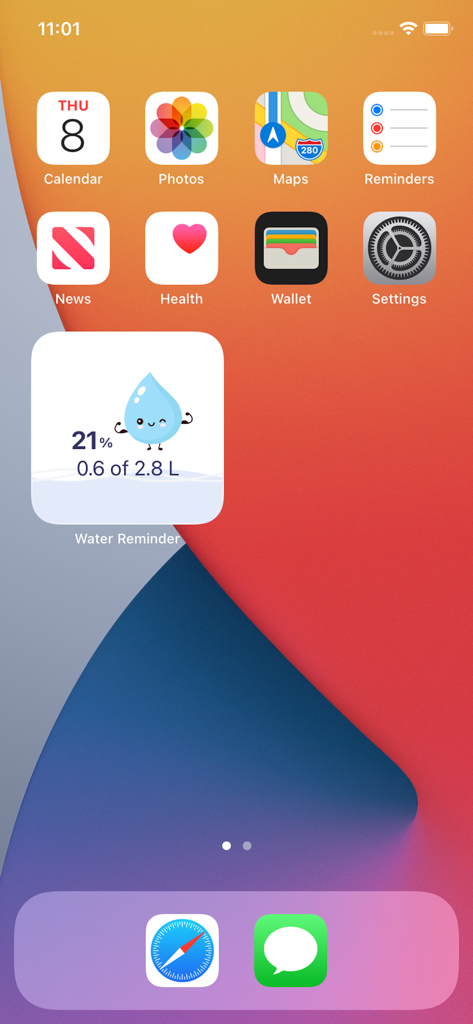 Water Reminder app widget on an iPhone home screen displaying daily hydration progress